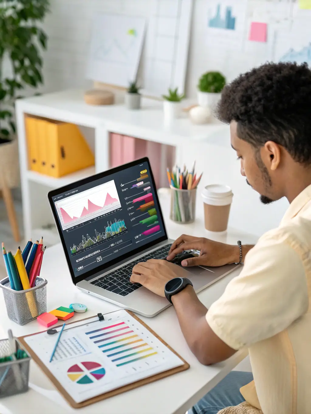 A person watching a tutorial video on a laptop, surrounded by marketing automation dashboards and charts, symbolizing comprehensive learning.