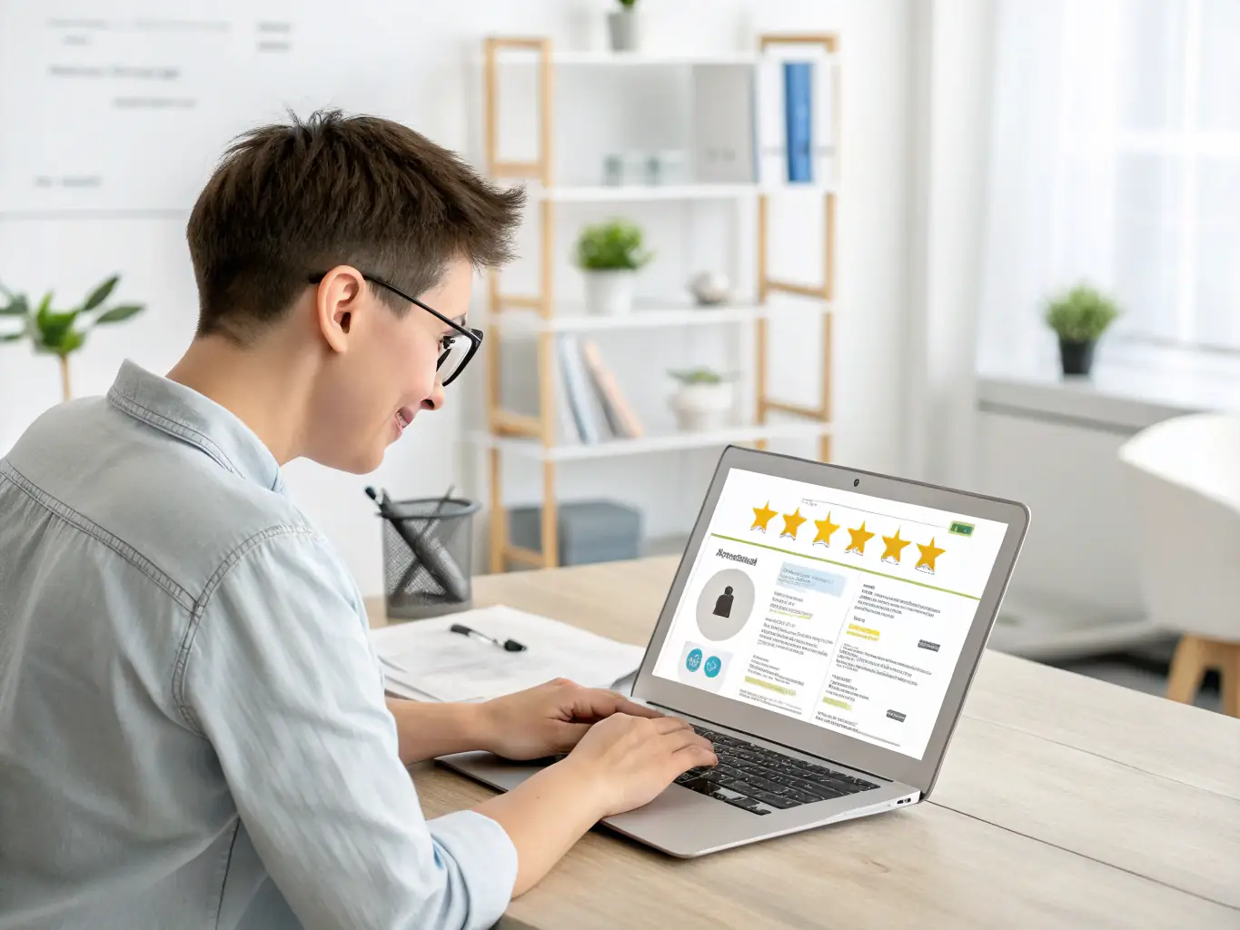 A person using a laptop to read a review of a CRM software.
