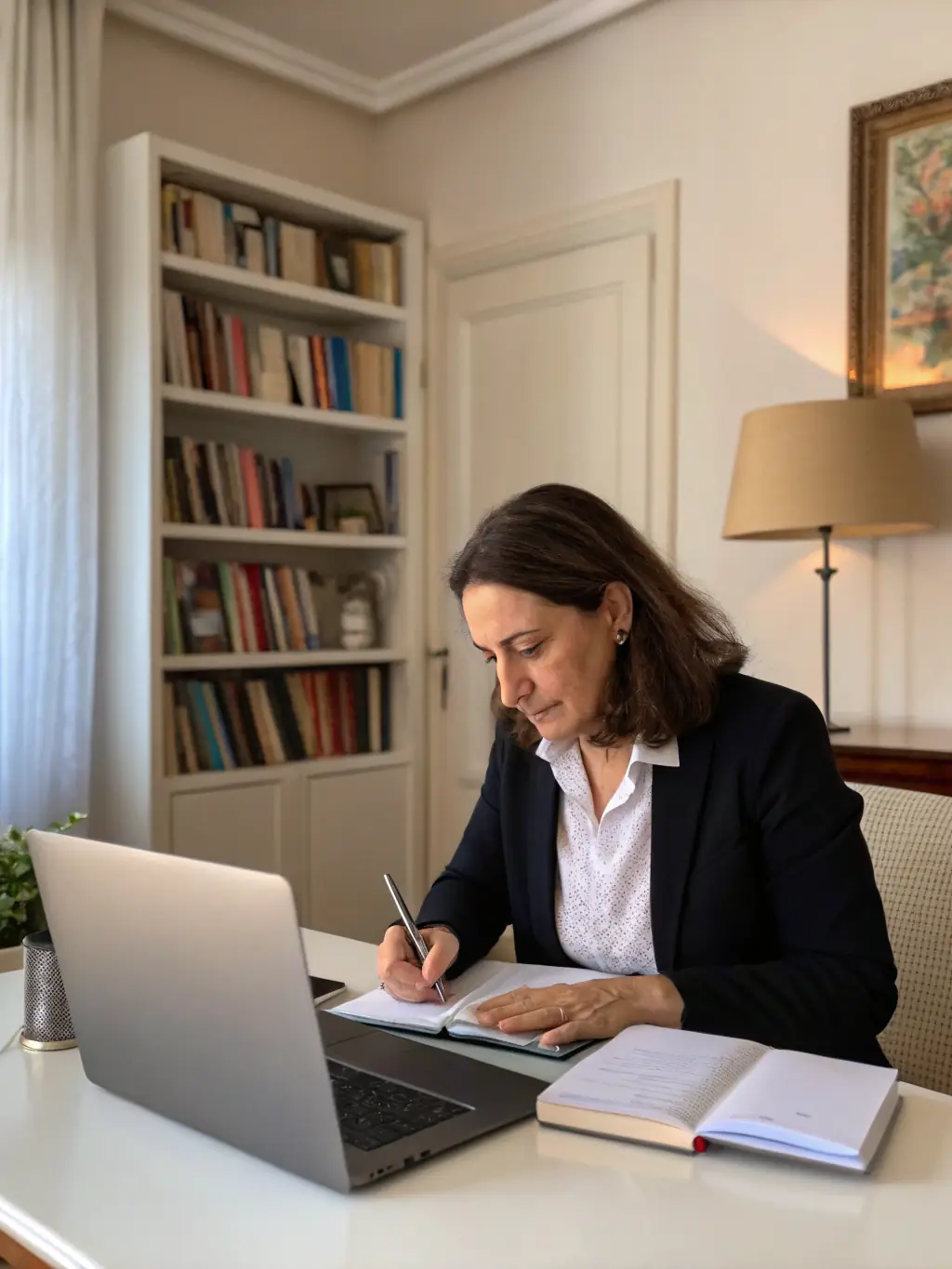A focused image of a consultant deeply engaged with an AutomatePros tutorial on a laptop, showcasing the practical application of the knowledge.